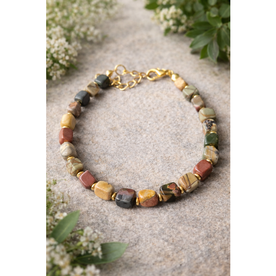 BRANSOLETKA Z KAMIENI NATURALNYCH – JASPIS W ODCIENIACH ZIEMI | ZŁOTE AKCENTY | HANDMADE